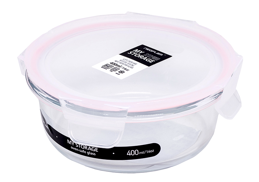 【Neoflam】My Storage 專利耐熱玻璃保鮮盒-圓形-400ml (粉紅膠條)